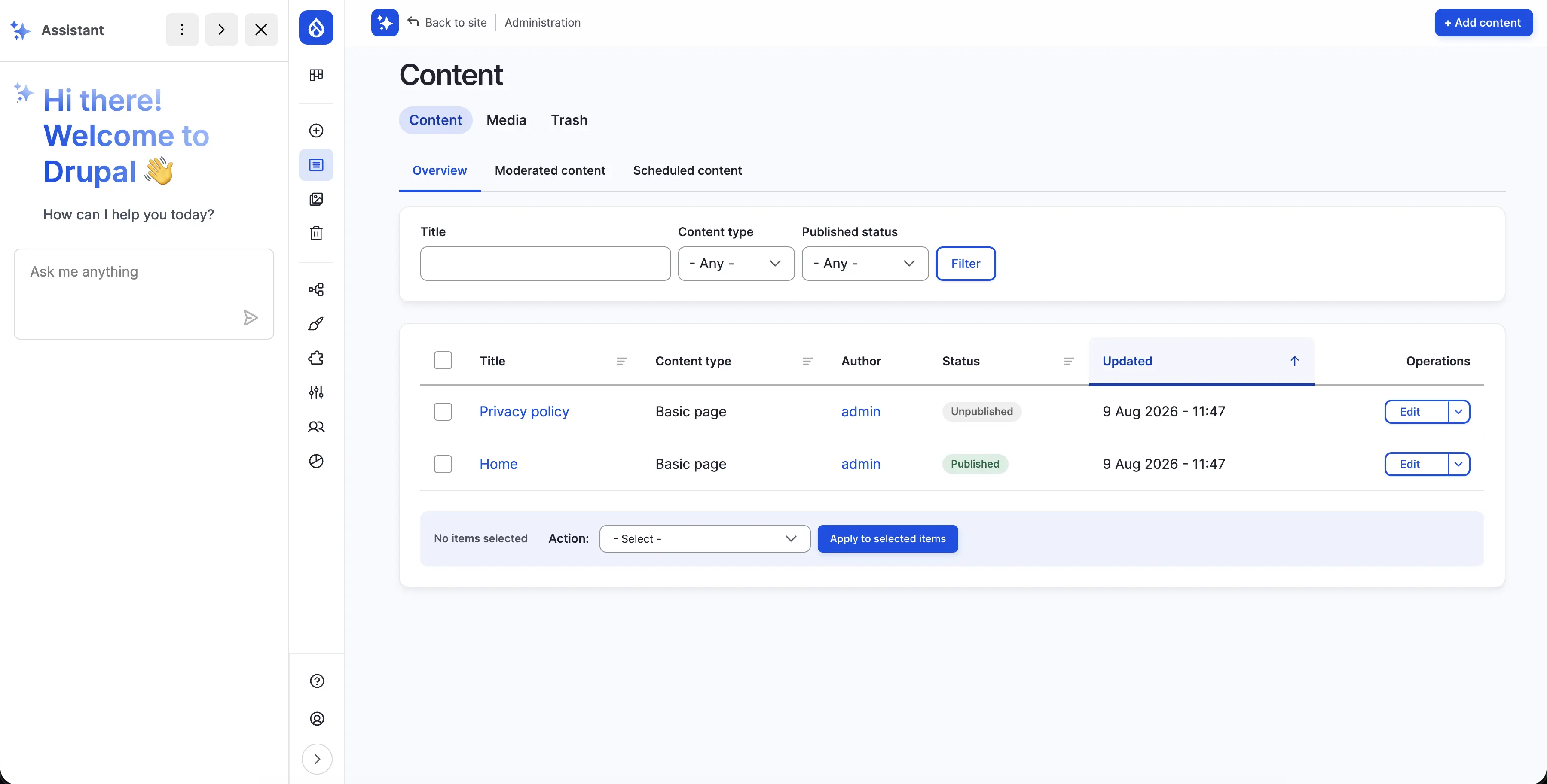 Drupal CMS Admin AI Chatbot UI screenshot
